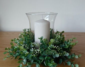 Hand finished Eucalyptus and Gypsophila table centre/candle wreath in greens and whites***To fit 9.5cm candle holder***