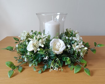 Handmade Rose,Stephanotis, Eucalyptus, table centre/candle ring/candle wreath in whites,creams,greens***To fit 9.5cm candle holder/candle***