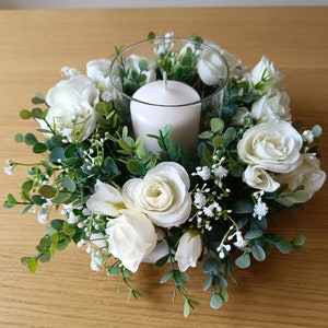 Handmade Rose,Gypsophila,Eucalyptus, table centre/candle ring/candle wreath in cream, whites, greens***To fit 9.5cm candle holder/candle***