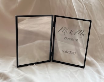 Personalisierbarer, aufstellbarer doppelter  Bilderrahmen mit Schrift auf Glas | Hochzeitsgeschenk | Geburtstagsgeschenk | Geldgeschenk