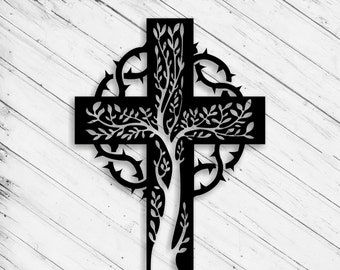 Cross with Tree Wall Art Decor Laser Cut Dxf Glowforge Svg File CNC Router Cutting xTool D1 Metal Cut Decorative Silhouette Digital Files
