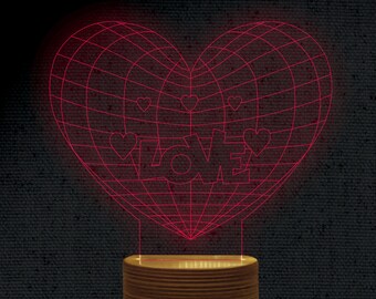 Love Heart 3D Illusion Acrylic Hologram Night Led Lamp Laser Cut Engraving File Dxf Glowforge Svg Digital Vector Ai Files  Instant Download
