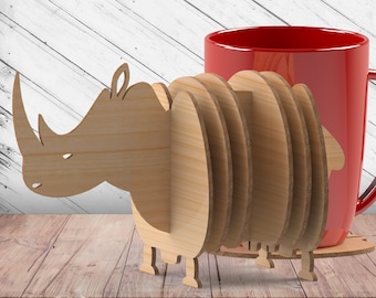Rhino Coaster Sets with Holder Laser Cut Dxf Glowforge Svg CNC Router Cutting Pattern Template Plan Instant Download Digital Vector Files