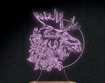 Moose 3D Illusion Acrylic Hologram Night Led Lamp Laser Cut Engraving File Dxf Glowforge Svg Digital Vector Files Instant Download