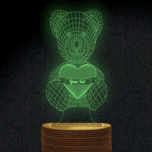 Cute Bear Teddy 3D Illusion Acrylic Hologram Night Led Lamp Laser Cut Engraving File Dxf Glowforge Svg Digital Vector Files Instant Download