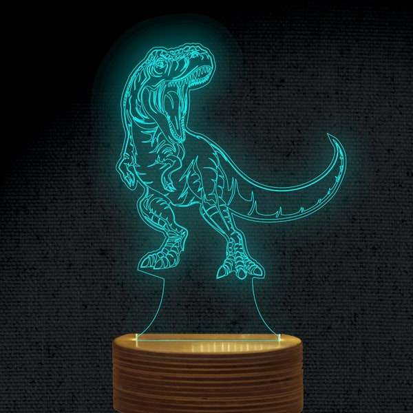 Dinosaurio Rex 3D Ilusión Acrílico Holograma Noche Led Lámpara Corte Láser Grabado Dxf Glowforge Archivo SVG Archivos vectoriales digitales Descarga instantánea