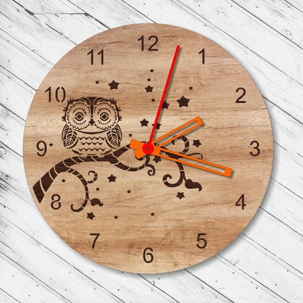 Horloge murale hibou Dxf Glowforge Svg xTool D1 découpé au laser modèle D1 modèle CNC découpe routeur fichiers téléchargement numérique vecteur Ai Pdf Eps