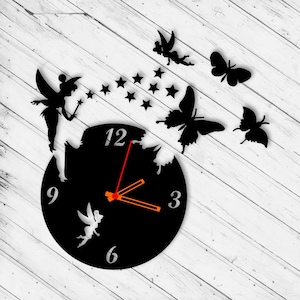 Schmetterling Fee Wanduhr Laser Cut Dxf Glowforge svg xTool D1 CNC-Schneidefräser Metall Holzschnitt Plan Vorlage Download Digitale Vektordatei