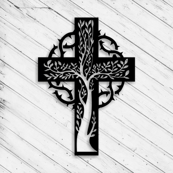 Cross with Tree Wall Art Decor Laser Cut Dxf Glowforge Svg File CNC Router Cutting xTool D1 Metal Cut Decorative Silhouette Digital Files