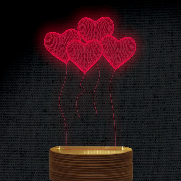 Heart Balloon 3D Illusion Acrylic Hologram Night Led Lamp Laser Cut Engraving File Dxf Glowforge Svg Digital Vector Files  Instant Download