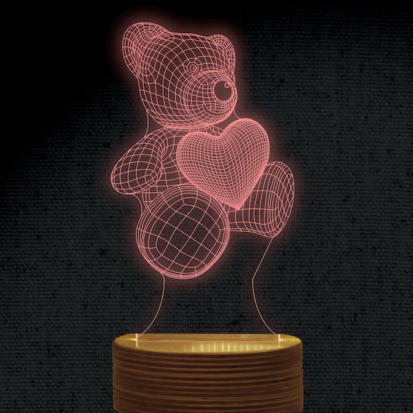 Ours en peluche 3D Illusion Acrylique Hologramme Nuit Led Lampe Laser Cut Gravure Fichier Dxf Glowforge Svg Digital Vector Ai Files Téléchargement instantané