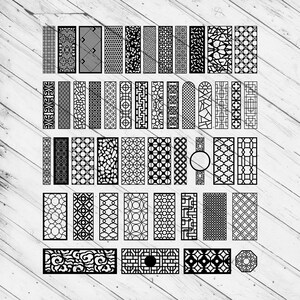 Könnte beinhalten: Eine Sammlung von 48 geometrischen Mustern in Schwarzweiß, geeignet für Laserschneiden, CNC oder andere Bastelprojekte. Die Muster sind in Reihen und Spalten angeordnet, mit einer Vielzahl von Formen und Designs.