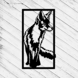 May include: Black and white silhouette of a fox standing in a square frame. The fox is facing to the right and has its tail curled behind it.