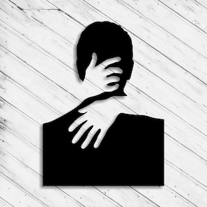 May include: A black silhouette of a person with one arm wrapped around their own shoulders, as if hugging themself.