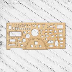 May include: A wooden ruler with a variety of shapes and sizes cut out. The ruler includes a protractor, a scale, and numbers 1 through 90.