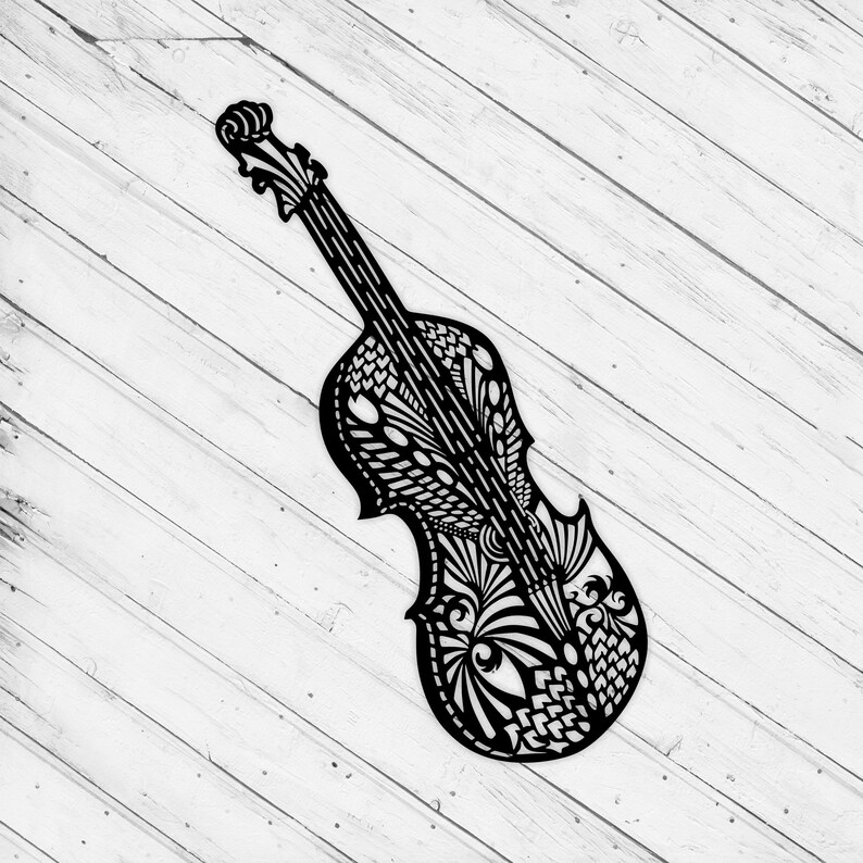 May include: A black and white detailed illustration of a violin with intricate patterns and swirls.