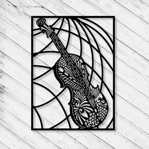 May include: Black and white intricate design of a violin with a decorative pattern on the body and neck. The violin is set against a background of overlapping curved lines.