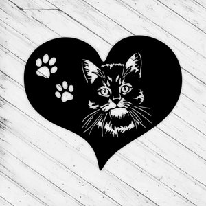 Katze im Herz-Wand-Dekor-Laser-Schnitt Dxf Glowforge svg xTool CNC-Fräser schneiden Vinyl geschnitten Aufkleber Metall geschnitten Silhouette Vorlage Digitale Dateien