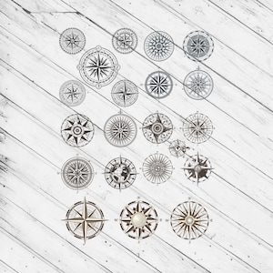 Könnte beinhalten: Eine Sammlung von 18 Vintage-Kompassdesigns in Schwarzweiß. Die Kompasse sind in einem Rastermuster auf einem weißen Holzgrund angeordnet.