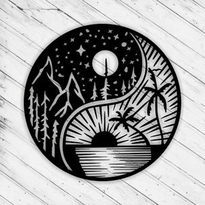 Decoración de pared de día y noche, archivos de plantillas de silueta de corte de metal, corte de vinilo, calcomanías, archivos DXF, Glowforge, Svg, xTool D1, enrutador CNC