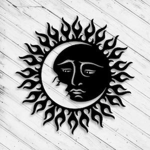 Mond und Sonne Wand Kunst Dekor Laser Cut Dxf Glowforge svg xTool D1 CNC Fräser Schneiden Vinyl Schnitt Aufkleber Metall Schnitt Silhouette Vorlage Dateien