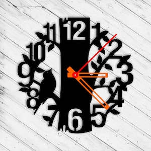 Wanduhr Vogel Laser Cut Dxf Glowforge svg xTool D1 CNC-Schneidefräser Metallschnitt Holzschnitt Plan Vorlage Download Digitale Vektordateien