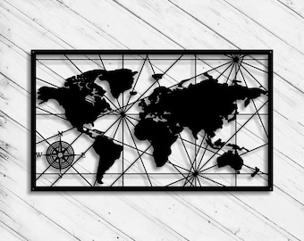 World Map Wall Art Decor Laser Cut Dxf Glowforge Svg xTool CNC Router Cutting Vinyl Cut Sticker Metal Cut Silhouette Template Digital Files