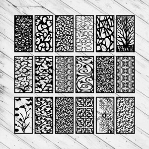 May include: Set of 18 black and white digital laser cut designs for creating decorative screens or room dividers. The designs feature various floral, geometric, and abstract patterns.