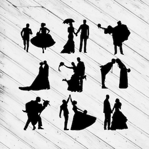 May include: A set of 9 black silhouette wedding cake toppers featuring different poses of couples, including a couple holding an umbrella, a couple kissing, and a couple dancing.