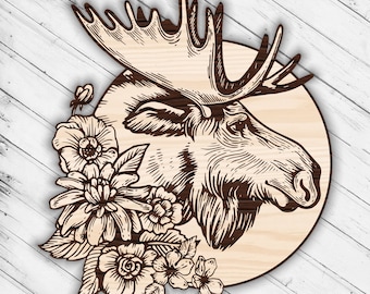 Incisione di alce, taglio laser, file DXF Glowforge SVG, router di taglio CNC, motivo decorativo per decorazioni murali, file vettoriali digitali istantanei AI EPS