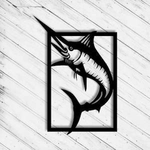 Könnte beinhalten: Schwarze Silhouette eines Marlins, der aus dem Wasser springt, gerahmt in einem schwarzen Quadrat.