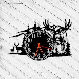 Relógio de parede Veado nas montanhas Corte a laser Dxf Glowforge Svg Template CNC Corte Router Plazma Cut Download Digital Vector Ai Pdf Eps Files
