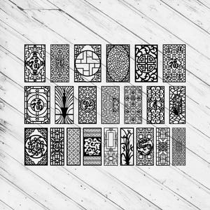 May include: A collection of twenty-one black, intricately cut decorative panels with various geometric and floral patterns. Some panels feature Chinese characters. The panels are arranged on a light wood-grain background.
