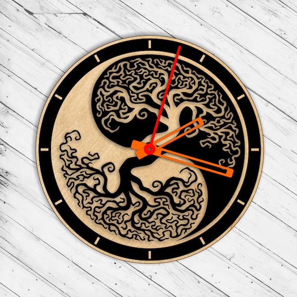 Tree Ying Yang Wall Clock Laser Cut Dxf Glowforge Svg xTool CNC Cutting Router Metal Cut Wood Cut Plan Template Download Digital Vector File