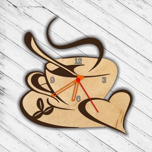 Orologio da parete Coffee Love Laser Cut Dxf Glowforge Svg xTool D1 Router di taglio CNC Modello di piano di taglio del legno tagliato in metallo Scarica file vettoriale digitale
