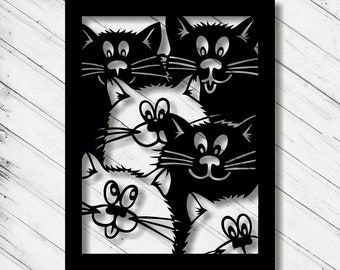 Cats Wall Art Decor Laser Cut Dxf Glowforge Svg xTool D1 CNC Router Cutting Vinyl Cut Sticker Metal Cut Silhouette Template Digital Files