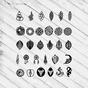 May include: A set of 28 black and white laser cut earring designs. The designs include geometric shapes, leaves, pineapples, dreamcatchers, anchors, and more.