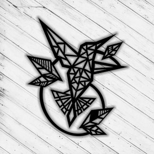 May include: Black and white geometric hummingbird design with a circular frame. The hummingbird is stylized with a geometric pattern and has a long beak and wings.