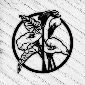 May include: Black and white silhouette of three calla lilies in a circular frame. The lilies are arranged in a bouquet with their stems crossing each other.