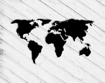 May include: A black silhouette of the world map on a white wood background.