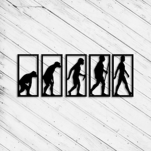 Peut inclure: Illustration en silhouette noire et blanche des étapes de l'évolution humaine, du singe à l'homme moderne, en une série de cinq images encadrées.