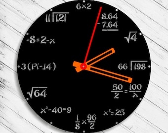 May include: A black clock with orange and red hands. The clock face is covered in mathematical equations, including square roots, fractions, and exponents. The equations include: √121, -8=2-x, 3(Pi-1.4), √64, 6x2, 8.64-7.64, √4, 66√198, 50/2=100/x, x²-40=9, 1/8 x 96/2, x²=25.