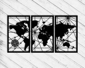 World Map Wall Art Decor Set of 3 Panels Laser Cut Dxf Glowforge Svg File CNC Router Cutting xTool D1 Metal Plazma Cut Instant Digital Files