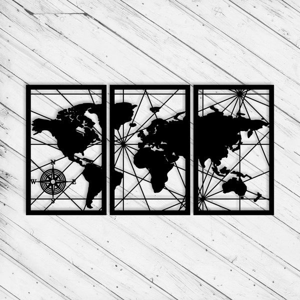 World Map Wall Art Decor Set of 3 Panels Laser Cut Dxf Glowforge Svg File CNC Router Cutting xTool D1 Metal Plazma Cut Instant Digital Files