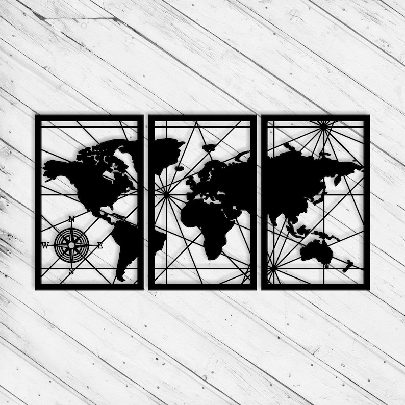 World Map Wall Art Decor Set of 3 Panels Laser Cut Dxf Etsy