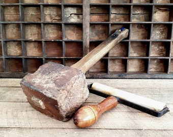 Vintage Wooden Mallet and Wooden Hand Roller