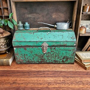 Vintage Industrial Toolbox, Rustic Storage Box, Old Green Toolbox image 1