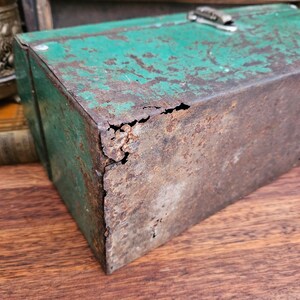 Vintage Industrial Toolbox, Rustic Storage Box, Old Green Toolbox image 9