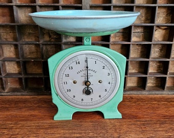 Vintage Green Persinware Kitchen Scales with Blue Metal Dish, Old Metal Scales, Country Kitchen, Rustic, Farmhouse Style