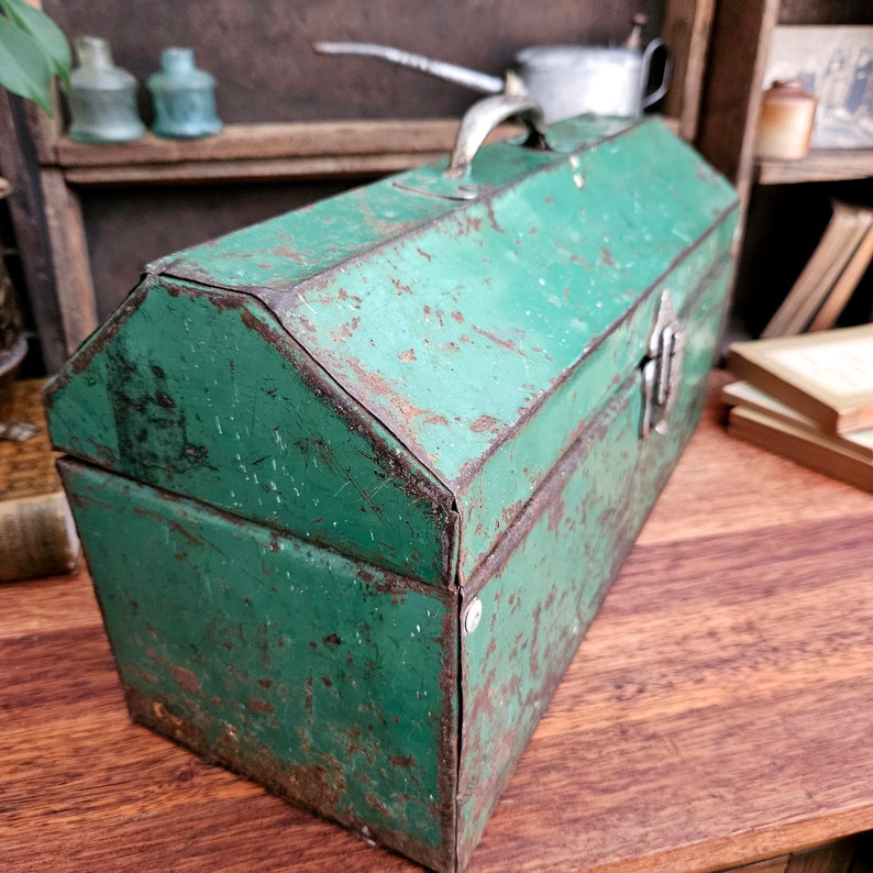 Vintage Industrial Toolbox, Rustic Storage Box, Old Green Toolbox image 3